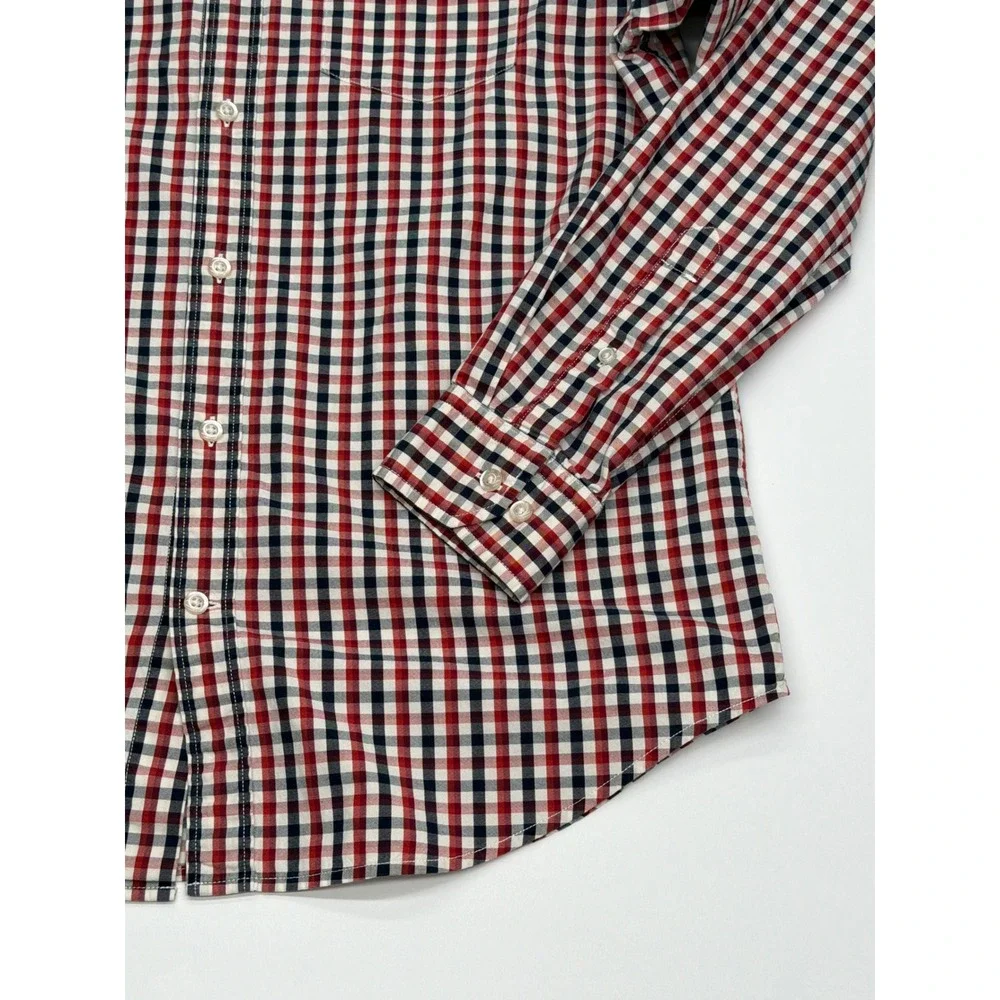 Banana Republic Mens Camden Fit Red Navy Gingham‎ Cotton Stretch Oxford Shirt M